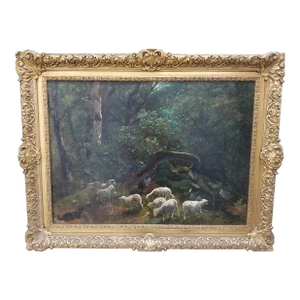 19th C Landscape Oil Painting With Shepard & Herd of Sheep by Mystery Artist