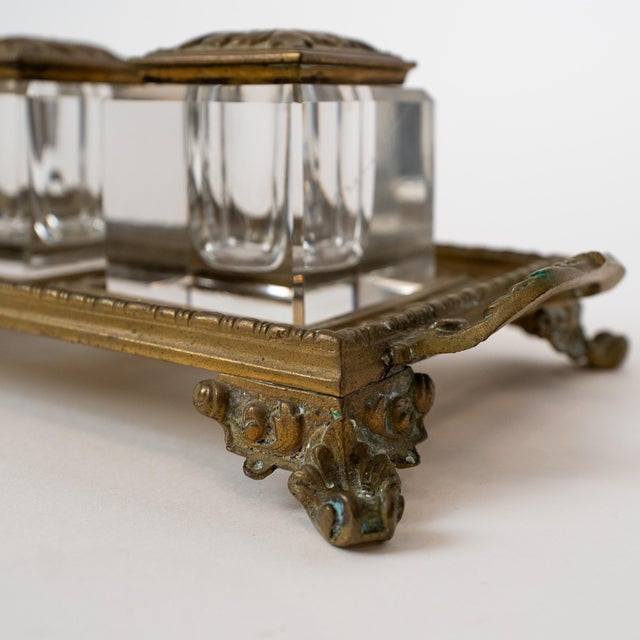 Antique French Double Inkwell Desk Set With Original Glass Inserts For Sale - Image 10 of 11