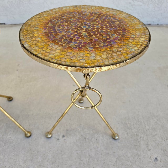 Gold Italian Gold Gilt Folding Mosaic Side Drink Tables 1960s Pair For Sale - Image 8 of 16