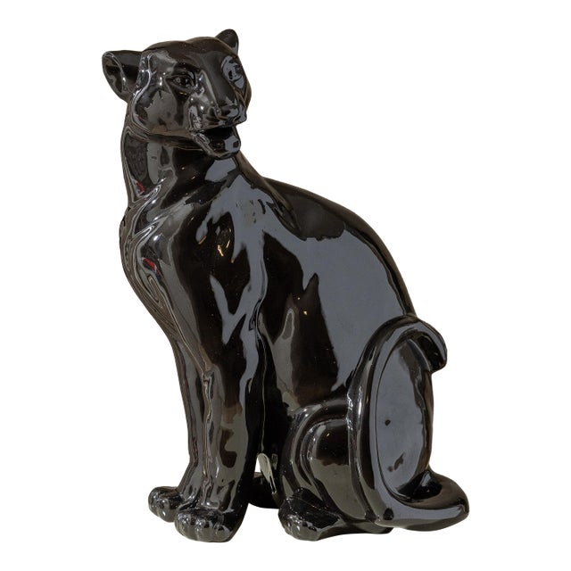 Vintage Large Black Glazed Ceramic Panther Sculpture 22" For Sale