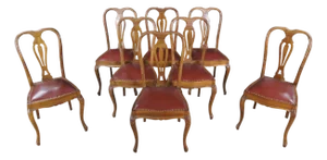 8 Antique Queen Anne Style Carved Walnut Splat Back Dining Chairs Vinyl Seat