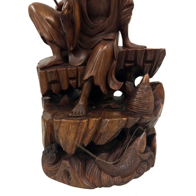 Chinese Mid-20th Century Chinese Wooden Carved Jiang Taigong Fishing Statue For Sale - Image 3 of 13