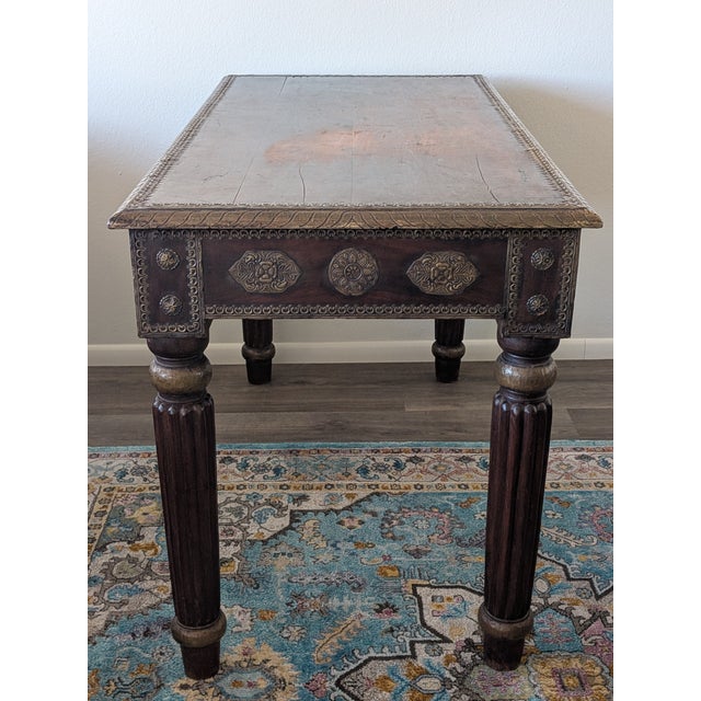 Vintage Mid-Century South Asian Hand Carved Wood and Brass Desk For Sale - Image 4 of 11