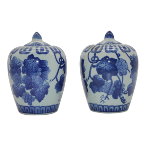 Pair of Vintage Chinese Qing Dynasty Blue and White Grape Leaf Motif Jars