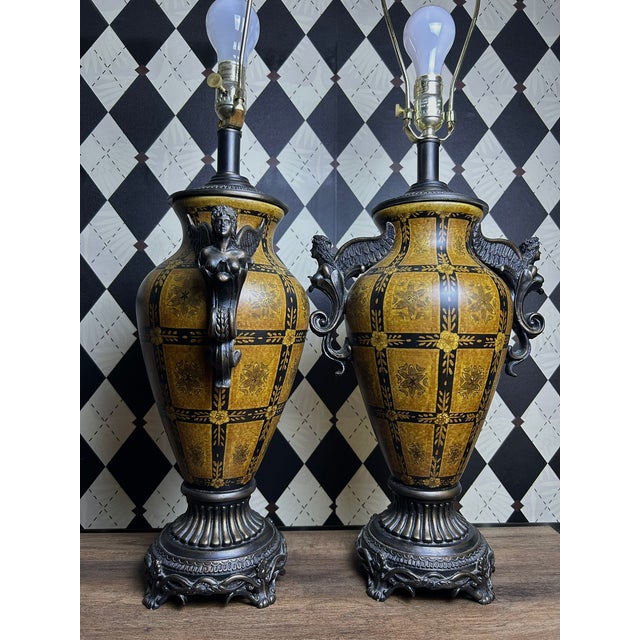 Vintage Neoclassical-Style Figural Urn Table Lamps With Winged Figures - Pair For Sale - Image 12 of 18
