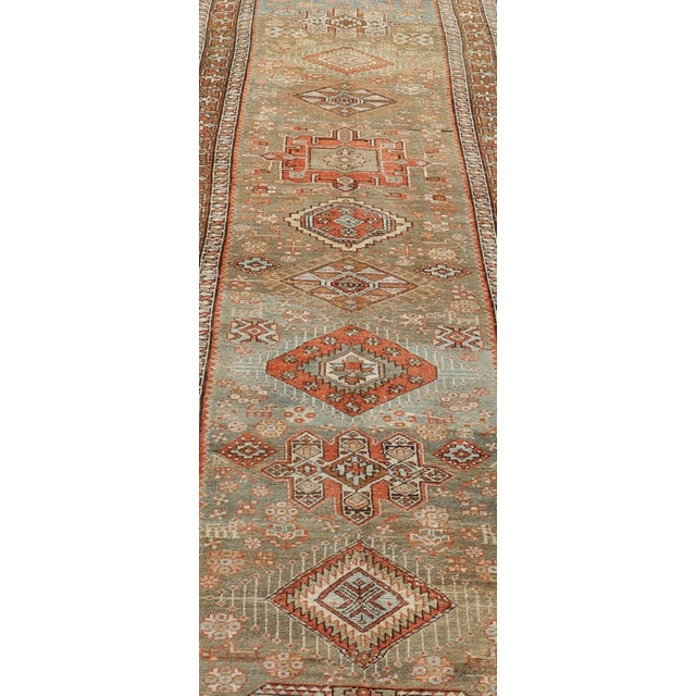 Antique Persian Long Serapi Runner With Multi Medallions in Green, Blue, Orange For Sale In Atlanta - Image 6 of 14