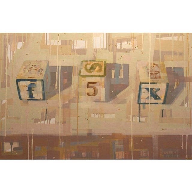 This artwork features a playful arrangement of children's blocks, each displaying a letter and number, set against a...