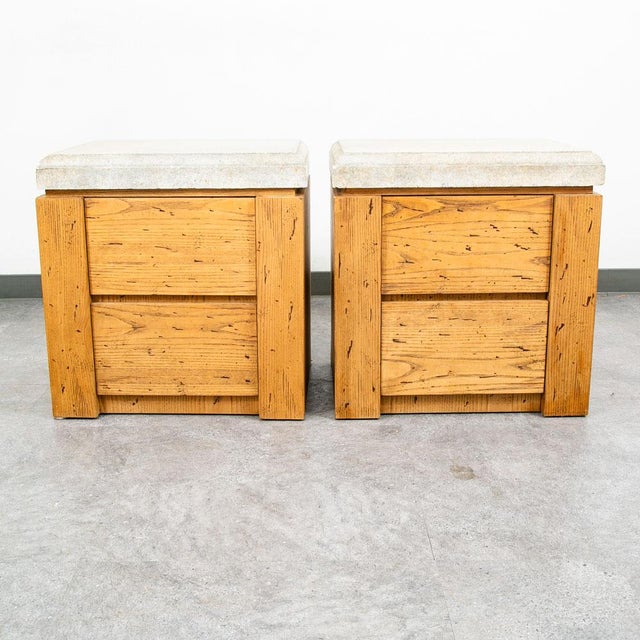 1970s Mid Century Modern Nightstand End Side Table Custom Stone Grey Top 1980 Drawers, 2 Pieces For Sale - Image 5 of 12