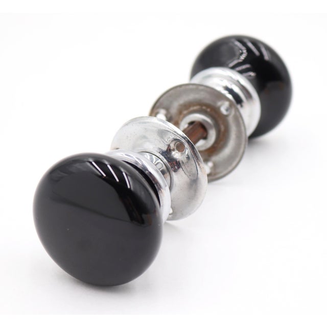 Vintage Black Glass Nickel Passage Door Knob Set For Sale - Image 4 of 5
