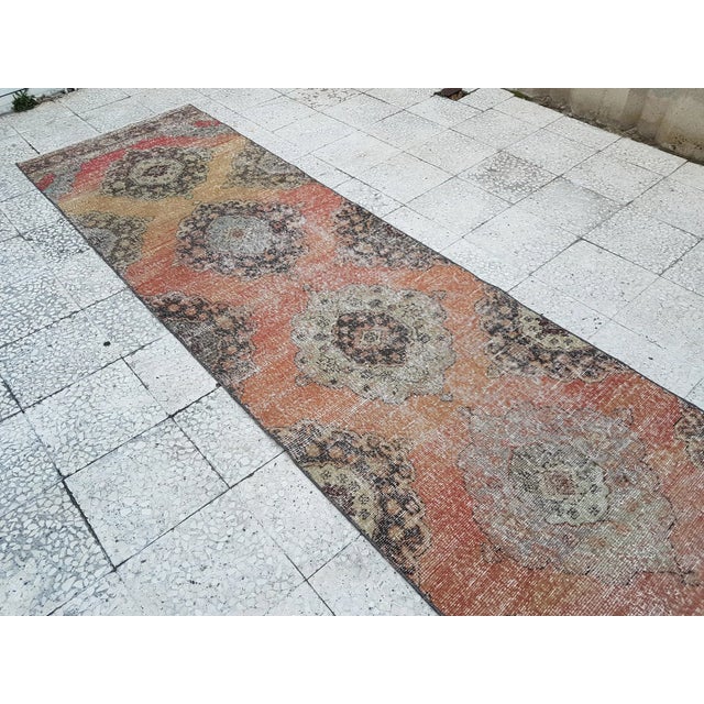 Distressed Oushak Runner Low Pile Faded Colors Runner 2'12" X 13'1" For Sale In Philadelphia - Image 6 of 12