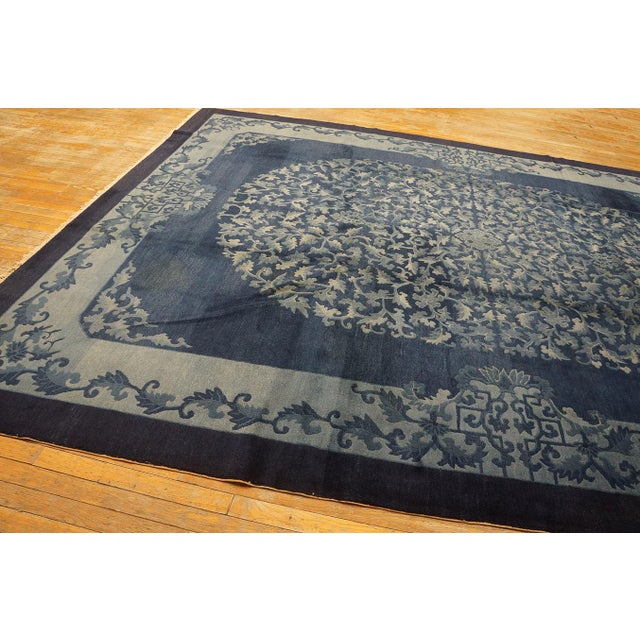 1920s Deco Blue Field and Elegant Floral-Medallion Antique Chinese Peking Rug For Sale - Image 9 of 11