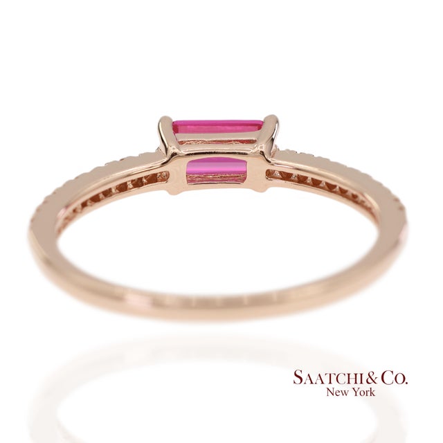 14k 585 Solid Rose Gold Pink Baguette Cut Stone and Natural Diamond Ring, Size 6 For Sale - Image 4 of 12