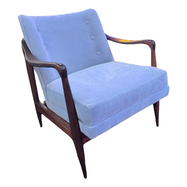 Mid-Century Modern Sculptural Walnut Lounge Chair Newly Reupholstered in Mohair For Sale