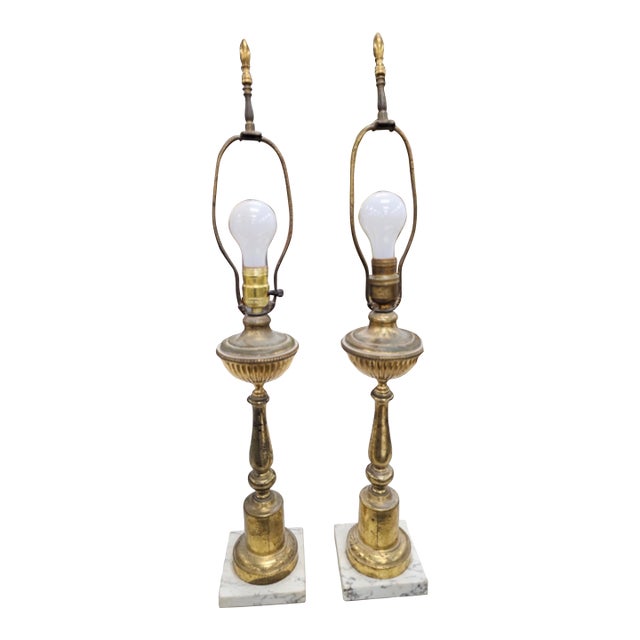 Mid Century Gilt Brass Metal and Marble Table Lamps - a Pair For Sale