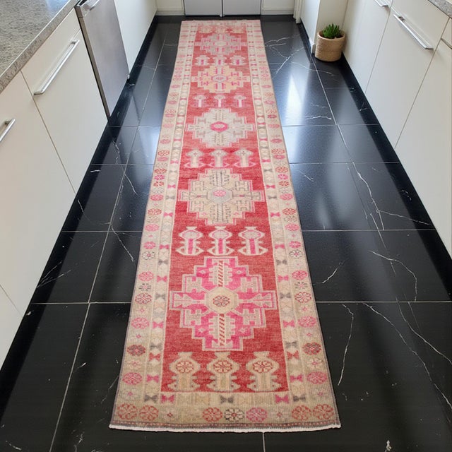 Rustic Hand-Knotted Turkish Runner Rug, Low Pile Hallway Rug Kitchen Decor - 3′ × 12′3″ For Sale - Image 3 of 18
