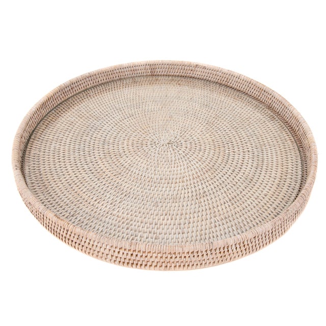 Artifacts Rattan Round Serving/Ottoman Tray with Glass Insert in White Wash - 19" For Sale - Image 4 of 4