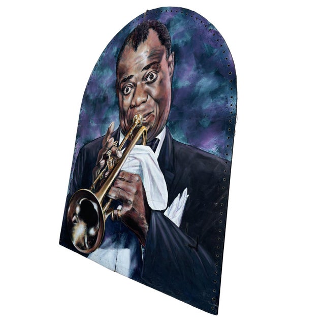 Large 12-foot tall artwork portrait of Louis Armstrong oil painted on a canvas fixed to a wood folding screen featuring a...