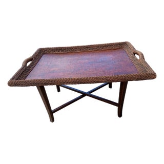 Vintage Seagrass and Koa Wood Large Tray Table Butler Table Coffee Table For Sale
