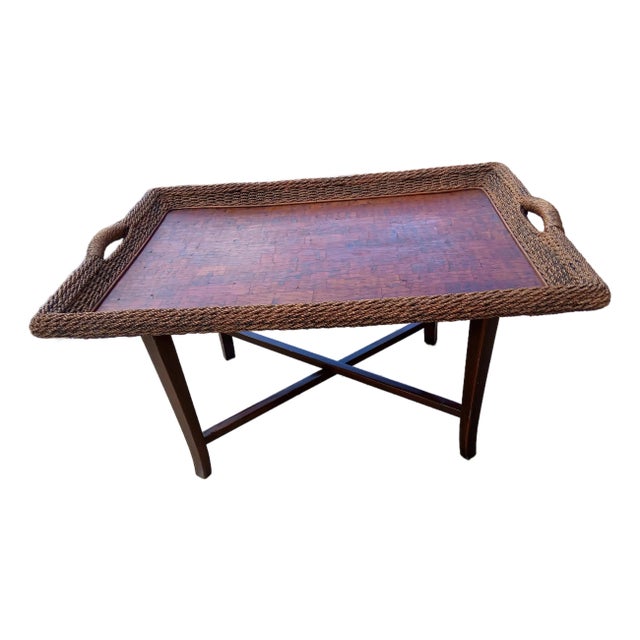 Vintage Seagrass and Koa Wood Large Tray Table Butler Table Coffee Table For Sale