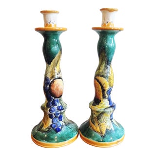 Vintage Mexican “Mayólica Santa Rosa De Guanajuato” Ceramic Hand-Painted Taper Candle Holders, Set of 2 For Sale