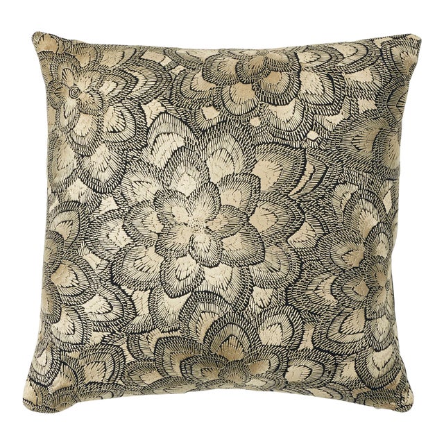 Schumacher Lotus Embroidery 18" Pillow in Gold For Sale