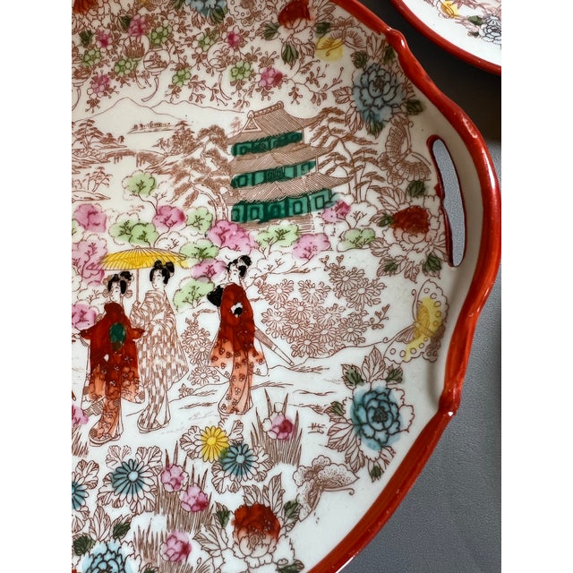 Orange Vintage 1930s Porcelain Geisha Ware Asian Style Platter With Plates -Set of 7 For Sale - Image 8 of 10