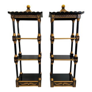 Mid 20th Century Pair of Pagoda Chinoiserie Black and Gold Wall Hangings For Sale