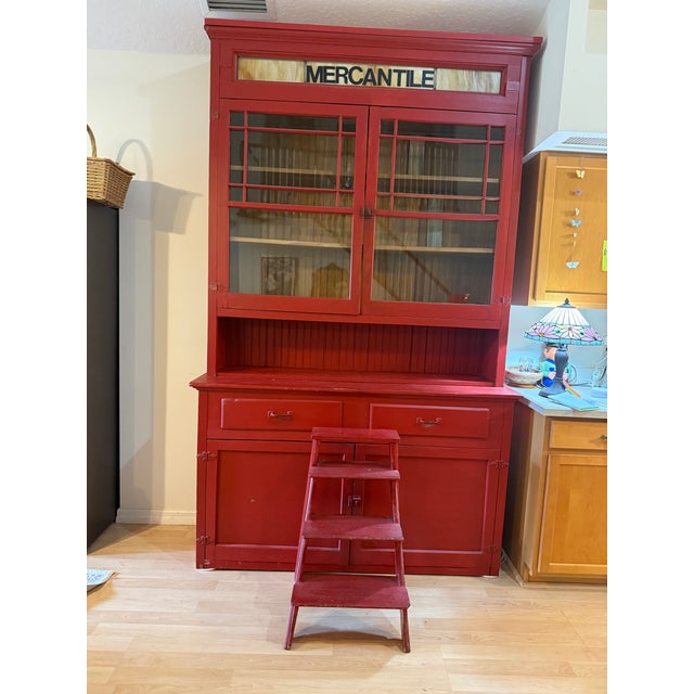 Red Mercantile Large Red Sideboard Buffet and Hutch With Accompanying Red Four Step Step Stool - Set of 3 For Sale - Image 8 of 9