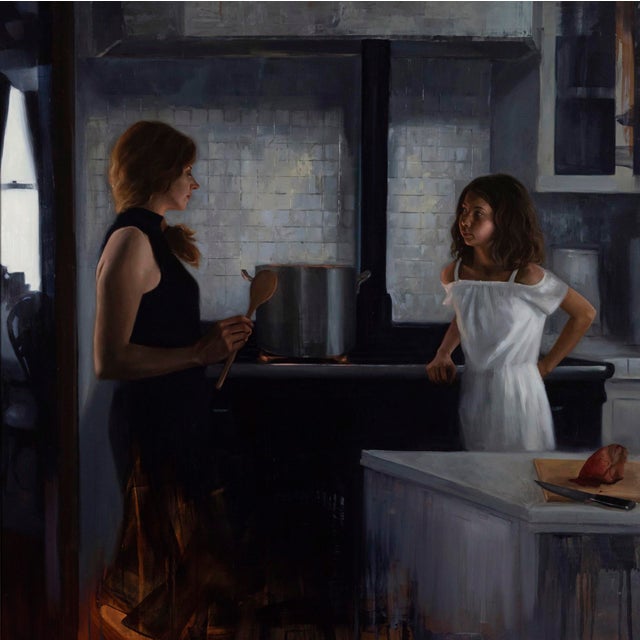 This artwork depicts a moment in a kitchen where a woman and a girl engage in a quiet conversation, the pot on the stove...