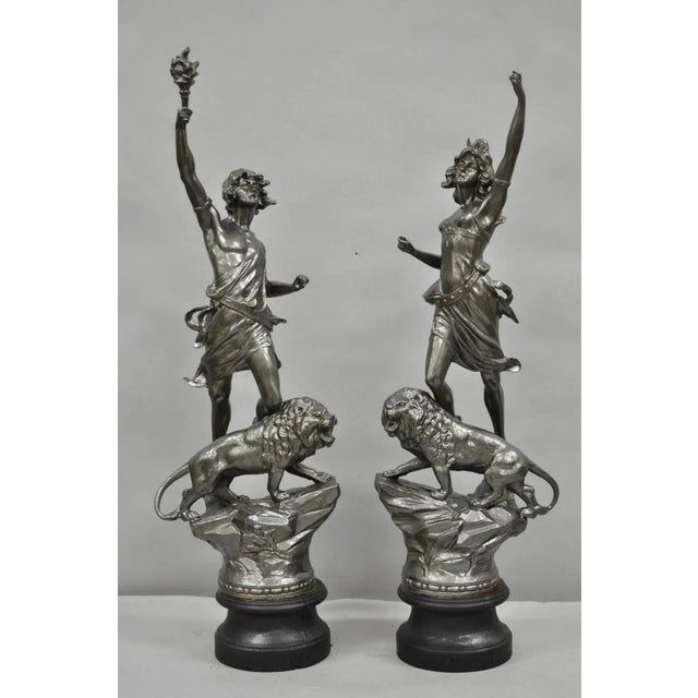 Antique French Renaissance "Le Force & Le Pouvoir" Spelter Metal Sculpture Pair For Sale - Image 12 of 12