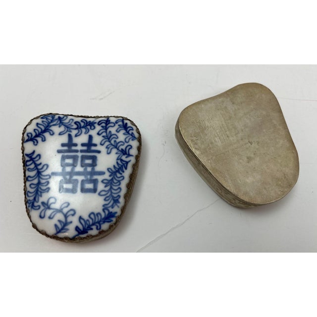 Vintage Chinese Porcelain Shard Box Oriental Decorative Nickel Silver For Sale - Image 9 of 11