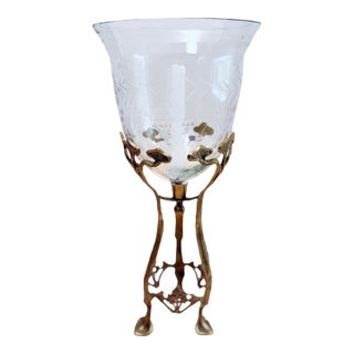 Antique Art Nouveau Brass Tripod Hurricane Candleholder With Etched Glass Shade — Ginkgo & Calla Lily Motif, Circa 1900–1910 For Sale