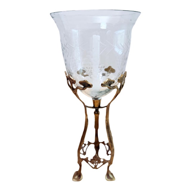 Antique Art Nouveau Brass Tripod Hurricane Candleholder With Etched Glass Shade — Ginkgo & Calla Lily Motif, Circa 1900–1910 For Sale
