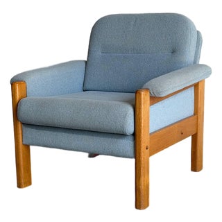 Teak Blue Lounge Chair Fabric Upholstered Armchair Wooden Living Room Seating Denmark 1980s For Sale