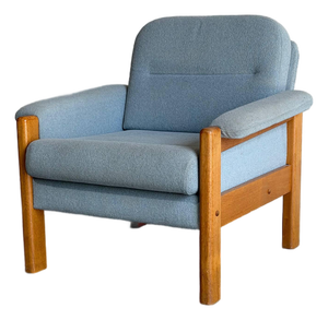 Teak Blue Lounge Chair Fabric Upholstered Armchair Wooden Living Room Seating Denmark 1980s