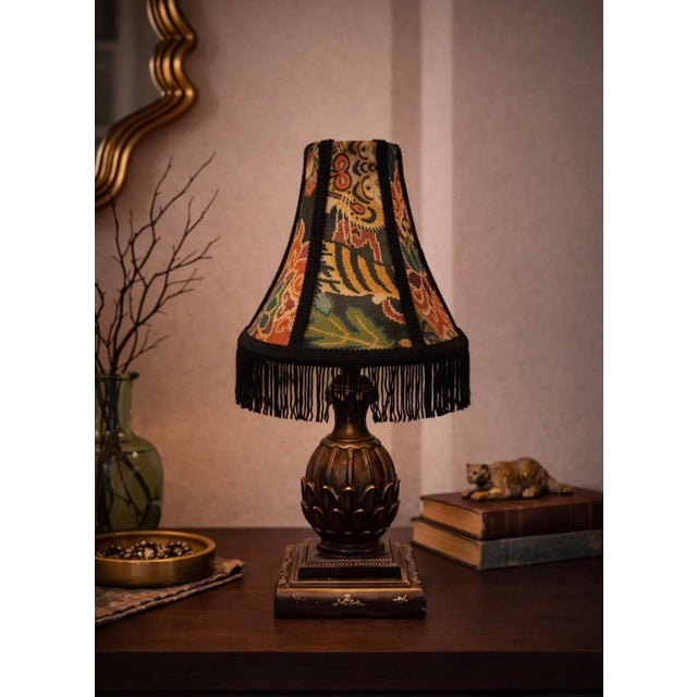 P. Kaufmann “Tiger Eye Basketweave Slate” Fabric Lampshade With Black Fringe Trim – Spider Fitter For Sale - Image 6 of 7