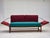 1950s, Danish 2 seater drop arm sofa. Original striped red furniture wool, oak wood. Seat reupholstered about 10 years ago...