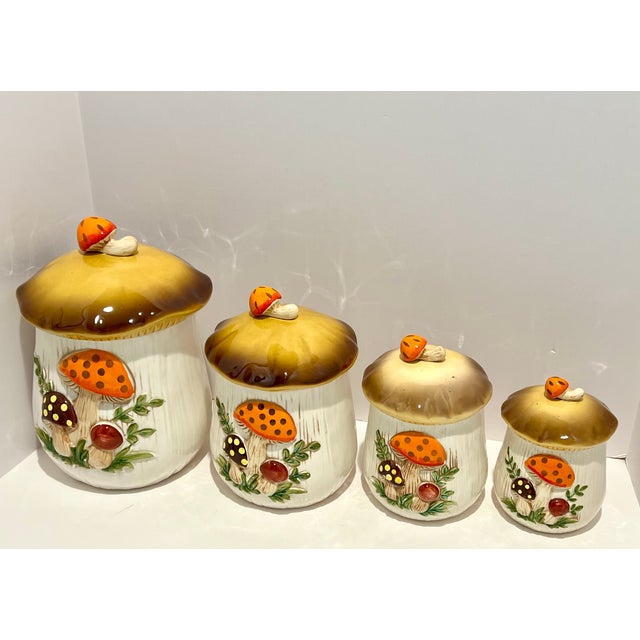 Set of 4, Vintage 1976 Mushroom Canister Set – Sears Roebuck Japan – Retro 70s Kitchen For Sale - Image 13 of 16