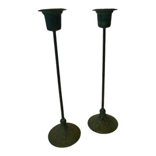 Vintage Verdigris Patinated Metal Candlesticks, a Pair For Sale