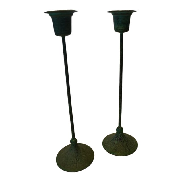 Vintage Verdigris Patinated Metal Candlesticks, a Pair For Sale