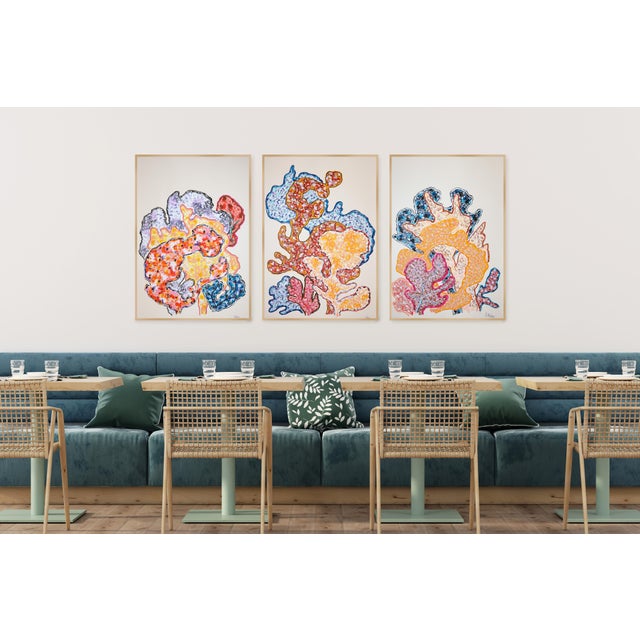 In this vibrant triptych, Romina Milano explores the delicate vitality of fragile ecosystems through coral-like formations...