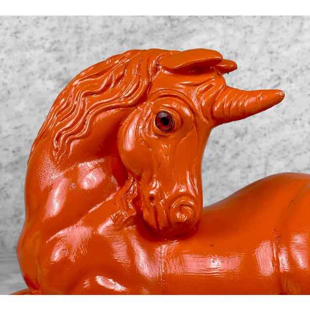 1980s Vintage Hollywood Regency Large Orange Plaster Unicorn Sculpture For Sale - Image 5 of 10