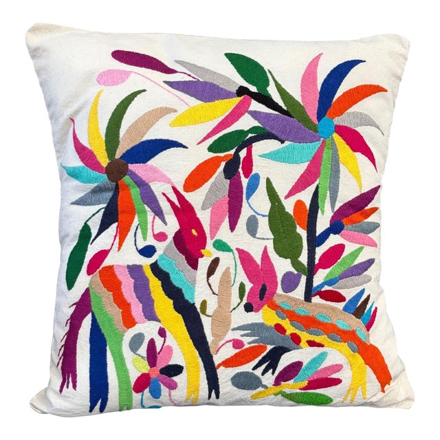 Mexican Otomi Embroidery Textile Pillow 16" W For Sale