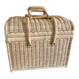 Late Mid-Century Nicely-Sized Rattan Sewing/Decor Basket With Folding Latch Handles, Circa 1970 For Sale