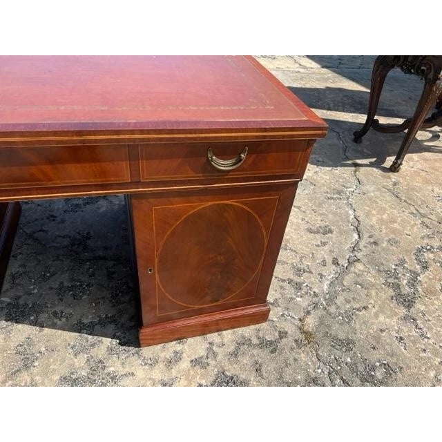 English Antique English Mahogany Inlaid Partner Desk Leather Top Circa 1890 For Sale - Image 3 of 7