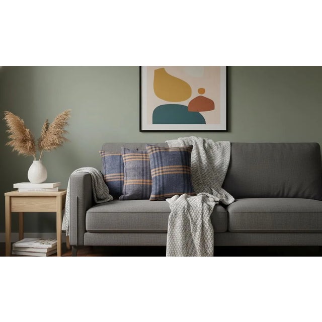 Set of 3 Vintage Handwoven Indigo Stripe Pillows – 16x16 For Sale - Image 4 of 17