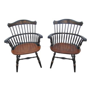 1980s Pair Hitchcock Black Farmhouse Chairs Signed Dining Room Chairs For Sale