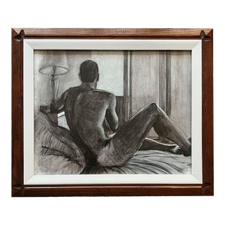 Contemporary Charcoal Drawing of a Reclining Male Nude in Two-Tone Wood Frame For Sale