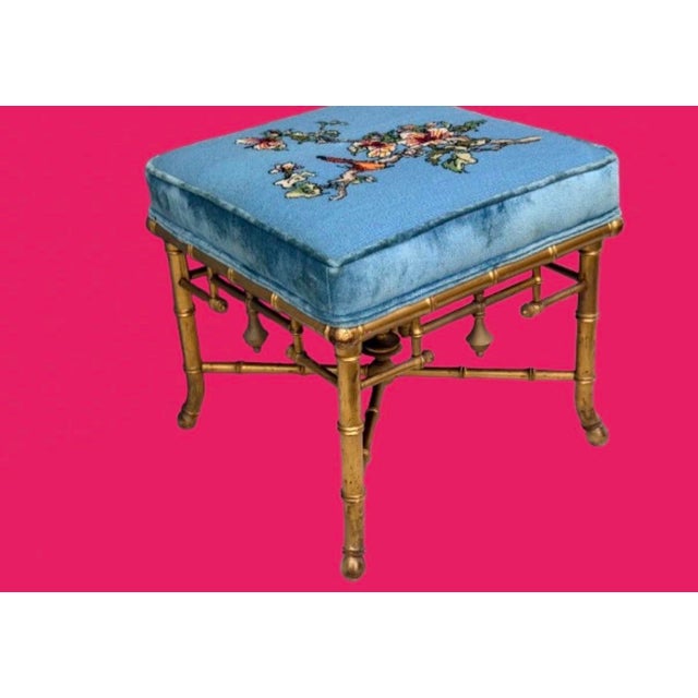 Late 19th Century French Chinoiserie Faux Bamboo Ottoman Stool With Antique Gilt Finish and Needlepoint Upholstery For Sale In Miami - Image 6 of 9