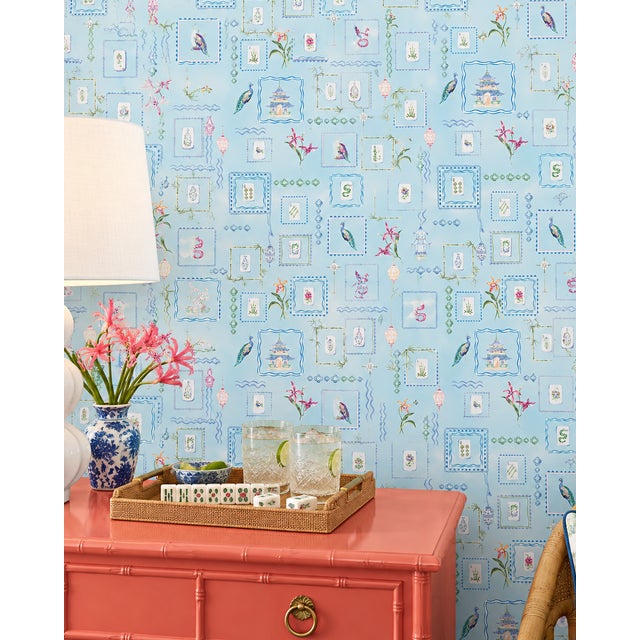 Chinoiserie Mahjong Tile Grasscloth Wallpaper by House Party | Bam Blue | 6 Yards For Sale - Image 3 of 10